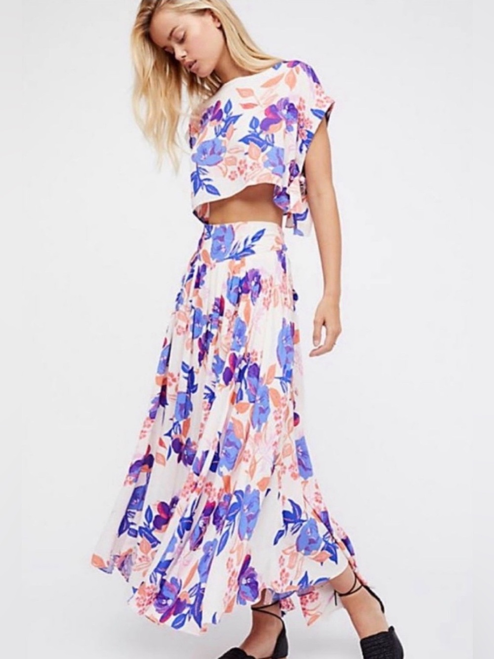 Free‎ People Floral Rayon Top & Maxi Skirt Set XS Boho Cottagecore Two Piece